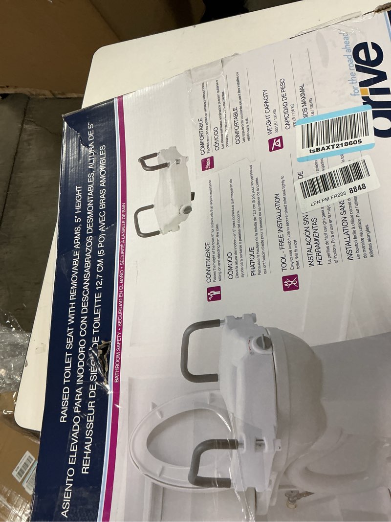 Condition photo showing As Is for Drive Medical 2-in-1 Raised Toilet Seat with Removable Padded Arms - Elevated Bathroom Safety Support - Secure Locking Attachment - Easy Height Assistance - Durable Plastic Construction Standard