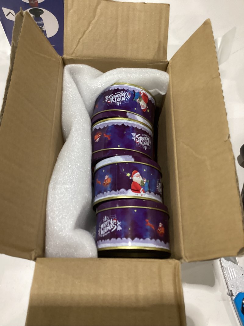 Condition photo showing Good Condition for Christmas Cookie Tins Set of 12 Round Nesting Tins, Christmas Tin Box Decorative Christmas Metal Tins with Lids, Holiday Containers Tinplate Boxes for Xmas Holiday Party Supplies