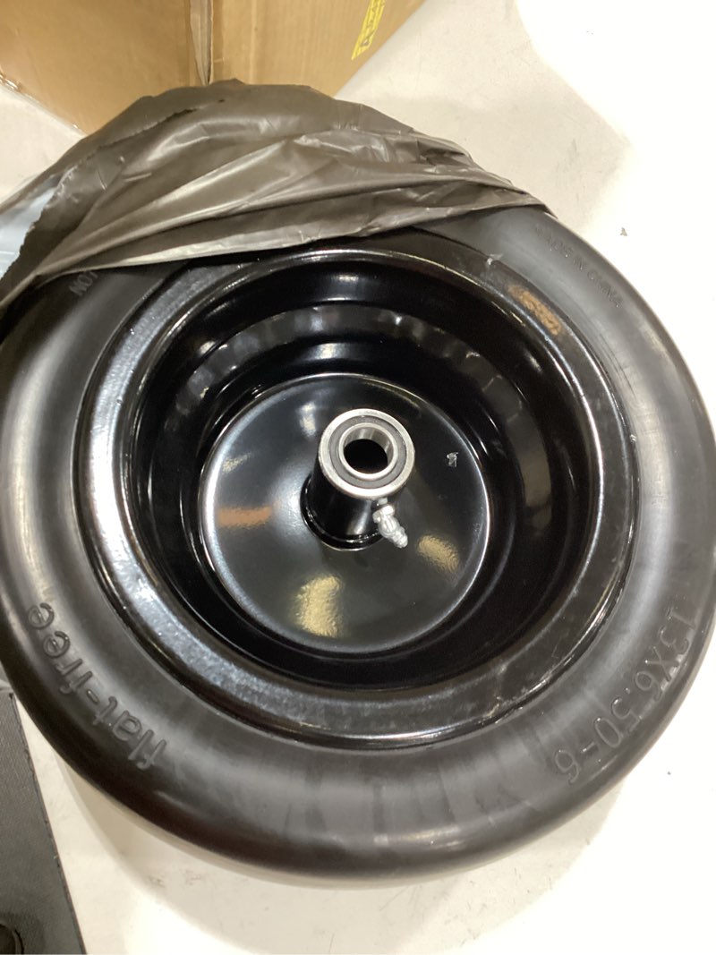 Condition photo showing Good Condition for ronpow 13x6.50-6 lawn mower flat free tires and wheels, 13x6.5-6 heavy duty solid front tire for zero turn mowers, 500lbs load, universal 3/4\", 5/8\" and 1/2\" bearings, 5.51\"-7.91\" hub, 1 pack black