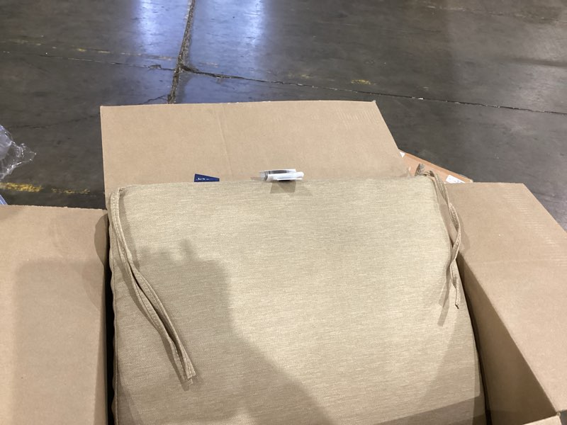 Condition photo showing As Is for arden outdoor deep seat cushion set, 24 in x 24 in, weather-proof, rain-proof, fade resistant patio cushion for chair, sofa, and couch tan leala polyfill tan leala 1 pack
