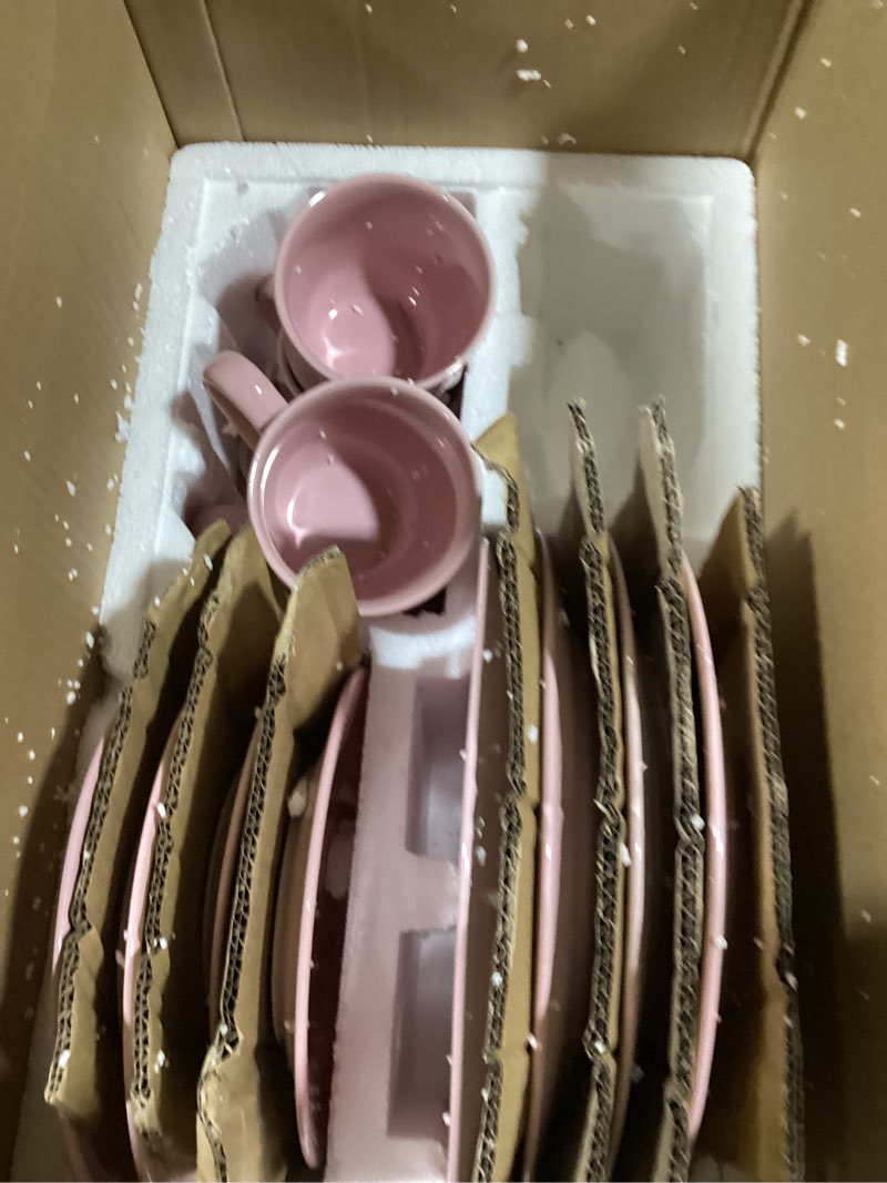 Condition photo showing New/Like New for MALACASA Dinnerware Sets, 30 Piece Square Plates and Bowls Sets for 6, Porcelain Dishes Dinnerware Set with Dinner Plates Set, Bowls, Cups & Sacuers, Modern Pink Dish Set, Series Flora