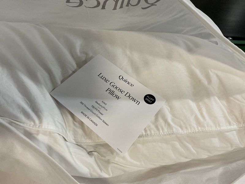 Condition photo showing As Is for quince luxe goose down pillow king  medium/firm