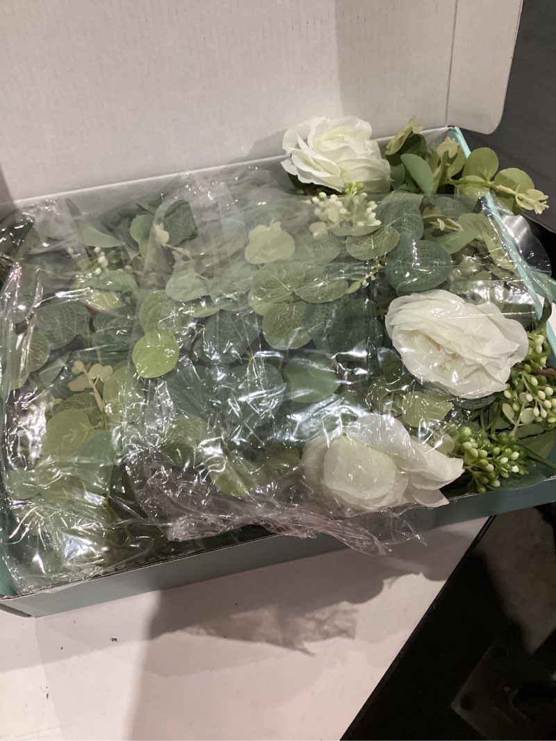 Condition photo showing New/Like New for Dolicer 2 Packs 6.56Ft Eucalyptus Garland with Flowers - 8 White Roses, Artificial Flower Garland Fake Rose Vine Faux Greenery Garland for Wedding Backdrop Arch Table Wall Party Home Decor