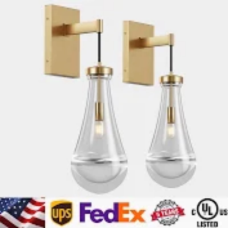 Raindrop Brass Crystal Wall Sconce: Set of 2 Clear Solid Indoor Sconces with Bulbs - Luxury Modern G