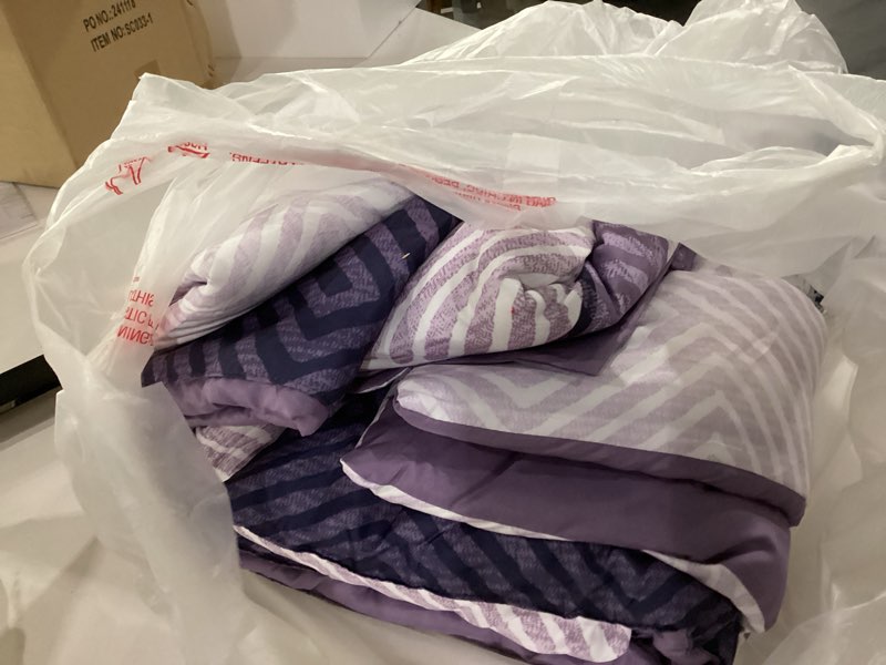 Condition photo showing As Is for drucon purple comforter set queen size 7 piece bed in a bag, boho striped bedding set, soft microfiber comforter and sheet set for all season (queen, 90"x90") purple queen