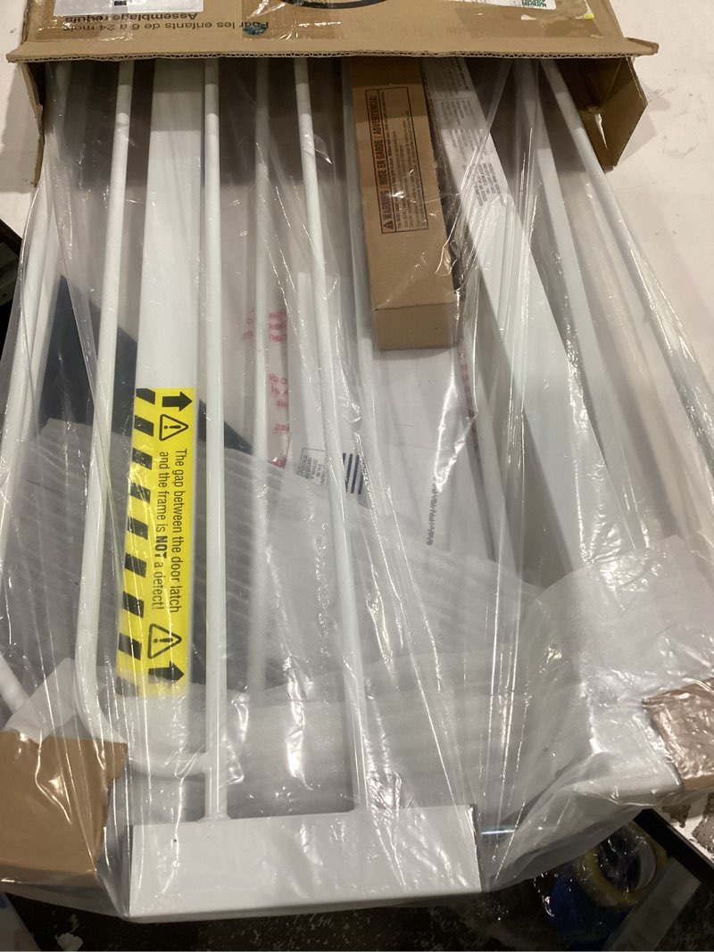 Condition photo showing New/Like New for regalo safety 29-38.5" baby gate for doorways & bottom of stairs, pressure mounted baby gate with door for babies, toddlers & pets, tested & safe for 30 years, american designed, american owned, white white 29-38.5"w x 30"h
