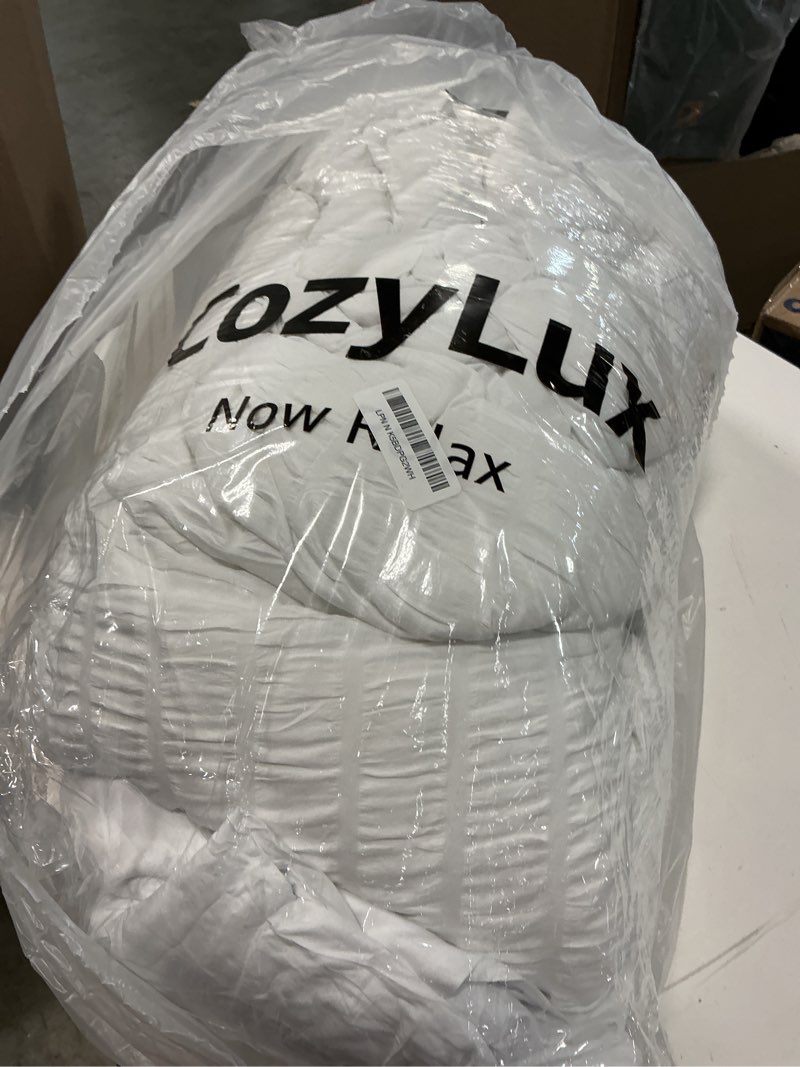 Condition photo showing As Is for CozyLux Queen Comforter Set White Seersucker 7 Pieces Bed in a Bag Queen Comforter Set with Sheets, Luxury Soft Bedding Set with Down Alternative Comforter, Sheets, Pillowcases & Shams for All Seasons White Queen