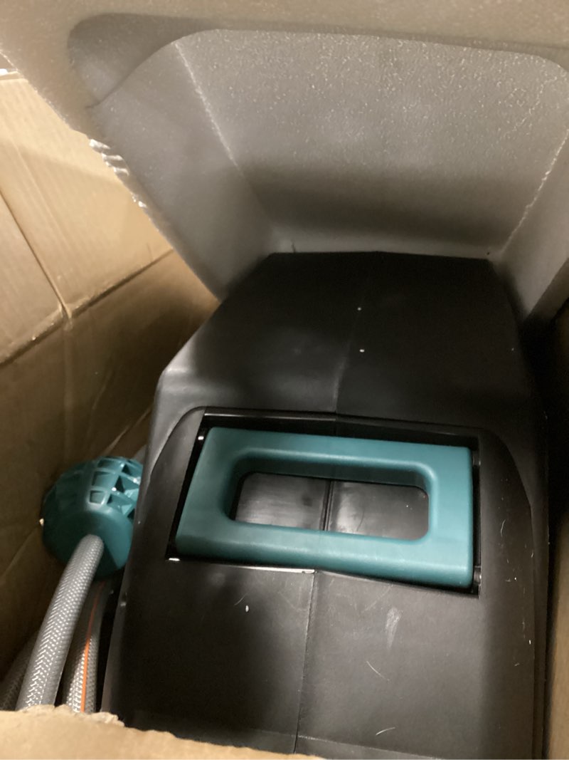 Condition photo showing As Is for ayura retractable garden hose reel 100 ft x 1/2 inch with pro metal shaft, heavy duty automatic garden hose reels with kink-free rewind and lock at any length, wall mount water hose reel for outside 1/2" 100ft