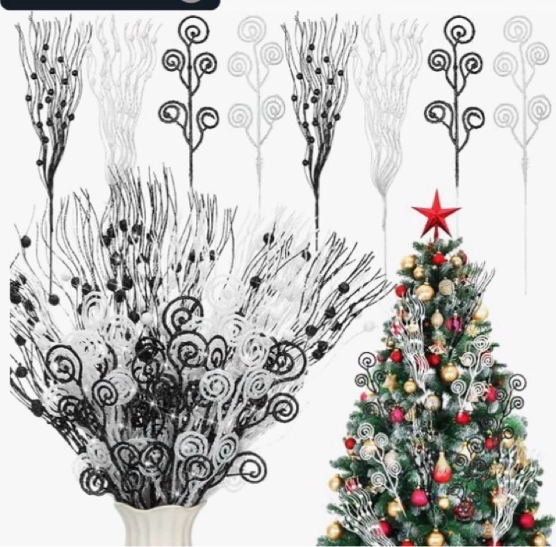 Daifunli 36 Pcs Black White Christmas Tree Picks and Sprays Ornaments 17'' 12'' Artificial Glitter C
