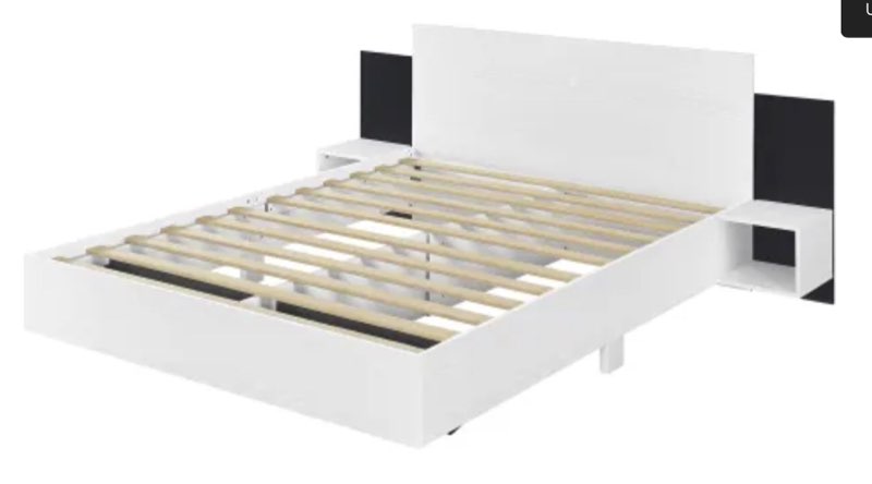 ( incomplete box 1 of 2)Queen Size Wooden Floating Platform Bed, with LED Lights, Bedside Nightstand, White