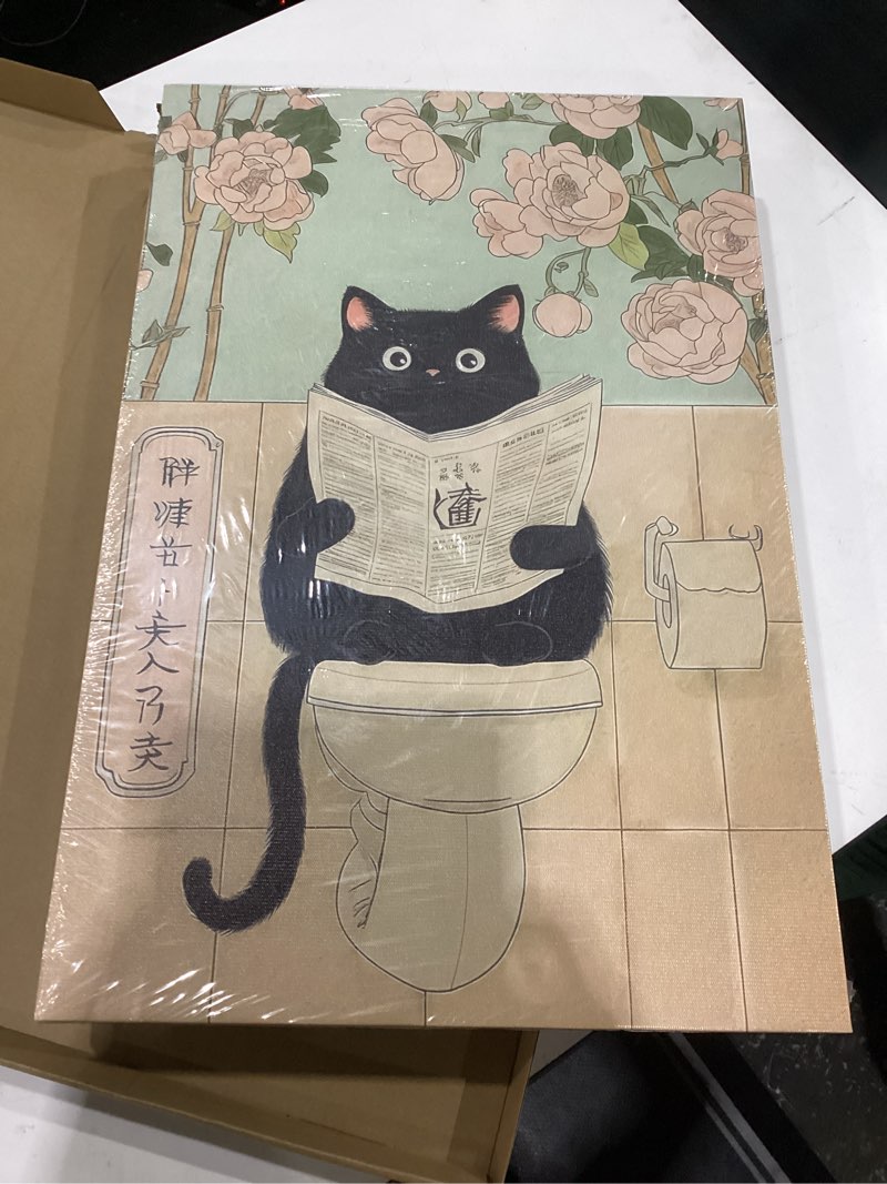 Condition photo showing New/Like New for framed japanese bathroom wall art set of 2, funny black cat in bathtub and toilet pictures wall decor paintings, vintage cute animal canvas prints home decor for restroom spa room 16x24 inch black cat 24l" x 16w"