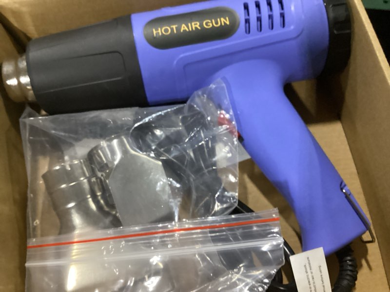 Condition photo showing As Is for heat gun, 900w hot air gun with 2 temp settings 572 & 1112°f, overload protection, 4 nozzles, 5ft cord, heat shrink gun for crafts, resin, vinyl wrap, soldering & phone repair standard