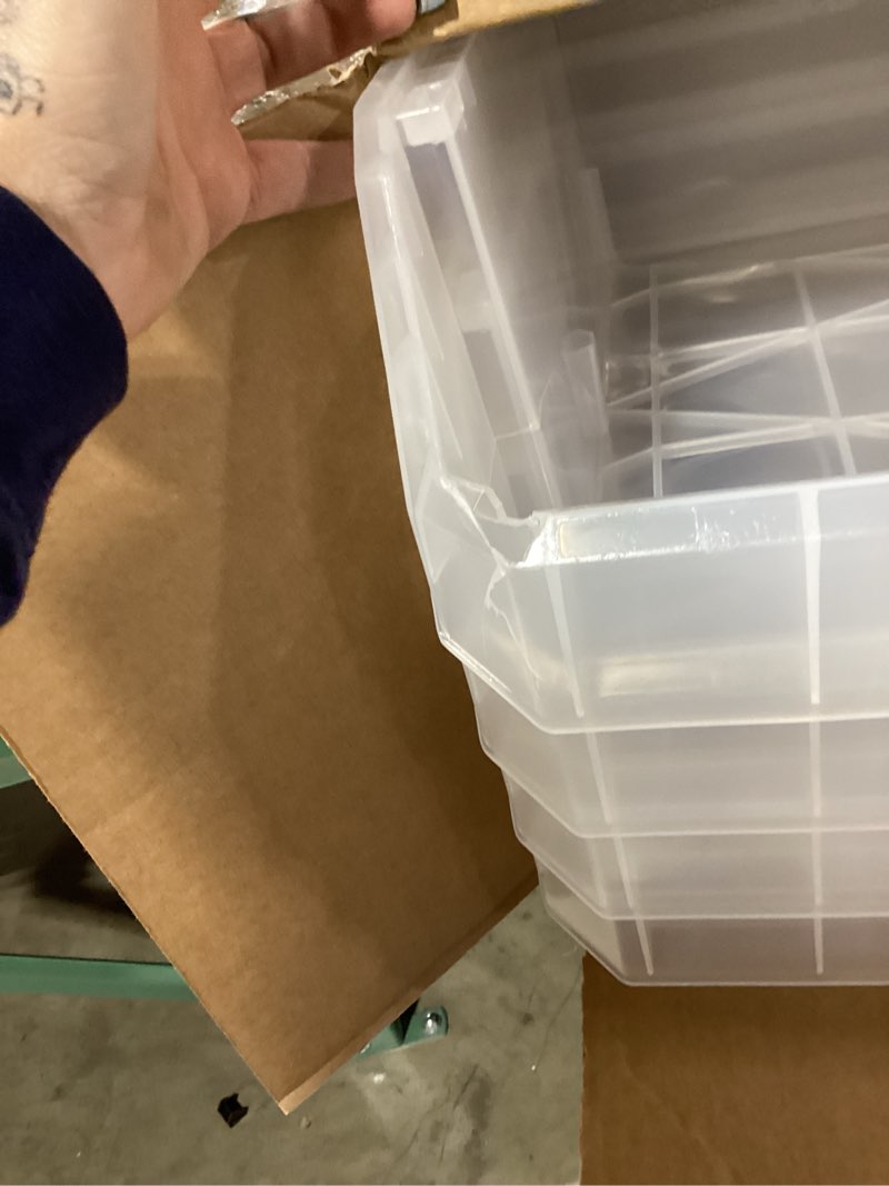 Condition photo showing As Is for Plastic Containers for Organizing and Storage Bins for Closet, Kitchen, Office, Garage or Pantry Organization, Stackable Bins, Extra Large (14.8" x 16.5" x 7"), 4-Pack, Clear Clear Extra Large, 4-Pack