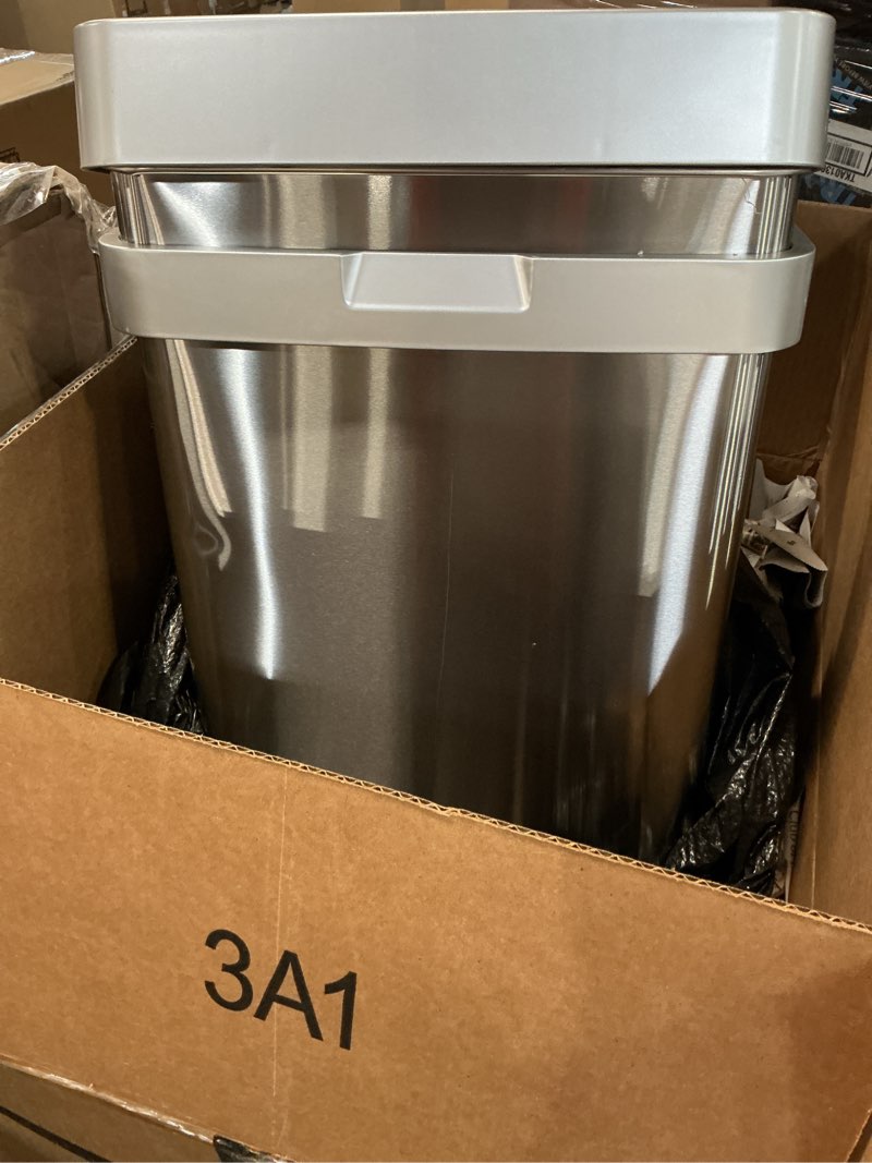 Condition photo showing Good Condition for Clorox 13 Gallon Trash Can - 50L Slim Open Top Garbage Bin for Commercial Spaces, Kitchen, Office - Narrow Rectangular Stainless Steel Body with Hinged Rim Protection Stainless Open Top