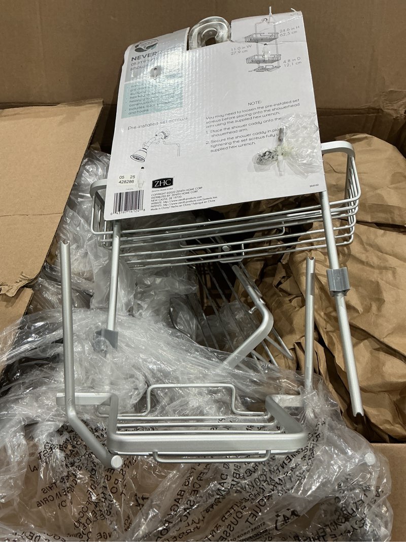 Condition photo showing As Is for zenna home rustproof hanging shower caddy, over the shower head caddy with 2 shelves and built in hooks, aluminum bathroom hanging organizer, satin chrome