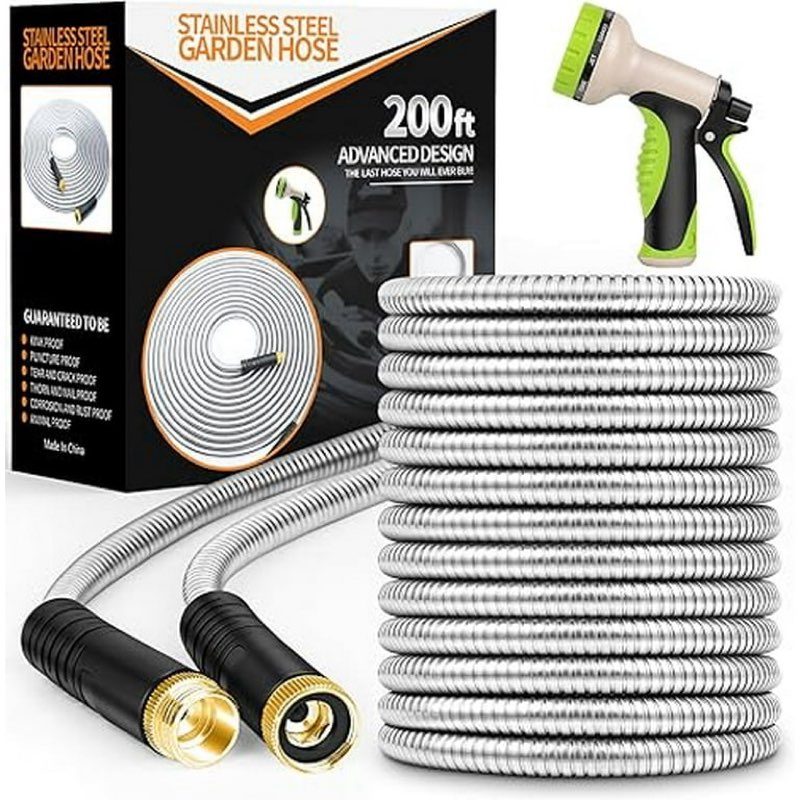 Garden Hose Metal 200FT, Stainless Steel Heavy Duty Water Hose With 10 Function Nozzle, No-Kink, Tou