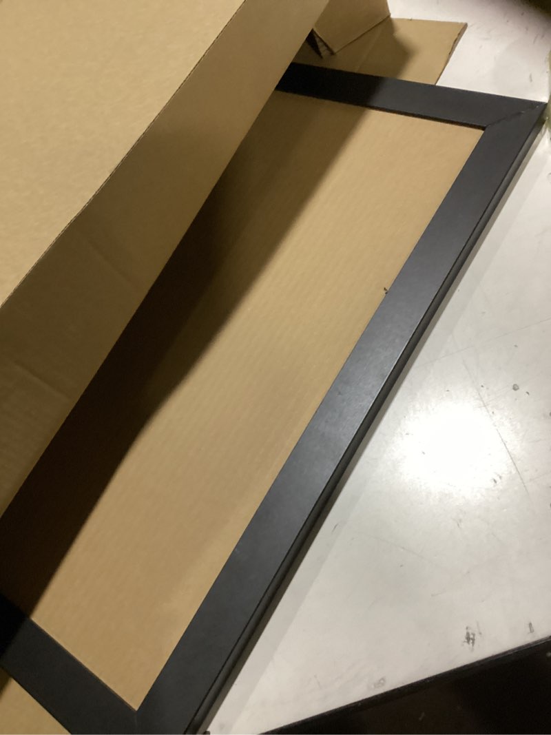 Condition photo showing As Is for Board2by Black Cork Board Bulletin Board with Linen, Wood Framed 24" x 18" Corkboard, Office Board for Wall Decor, Wall Mounted Pin Board Picture Board with 20 Pushpins for School, Home & Office Black 24" x 18"