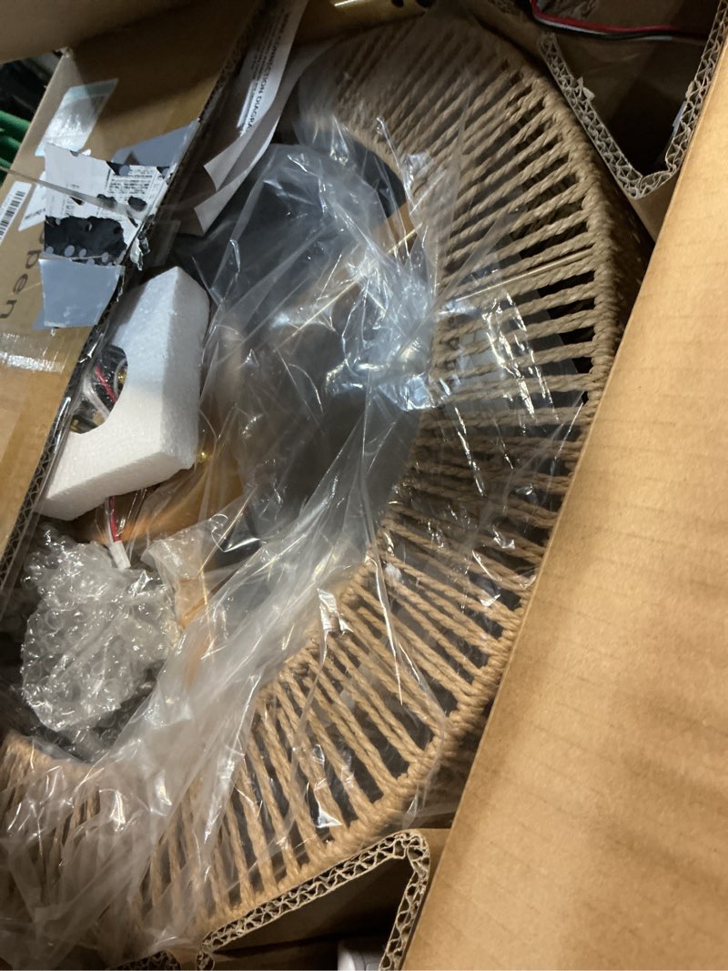 Condition photo showing New/Like New for boho caged fandelier with lights flush mount rattan ceiling fan with lights and remote control, enclosed 6 speeds low profile fan light for bedroom, living room, kitchen 0254/boho ceiling fans
