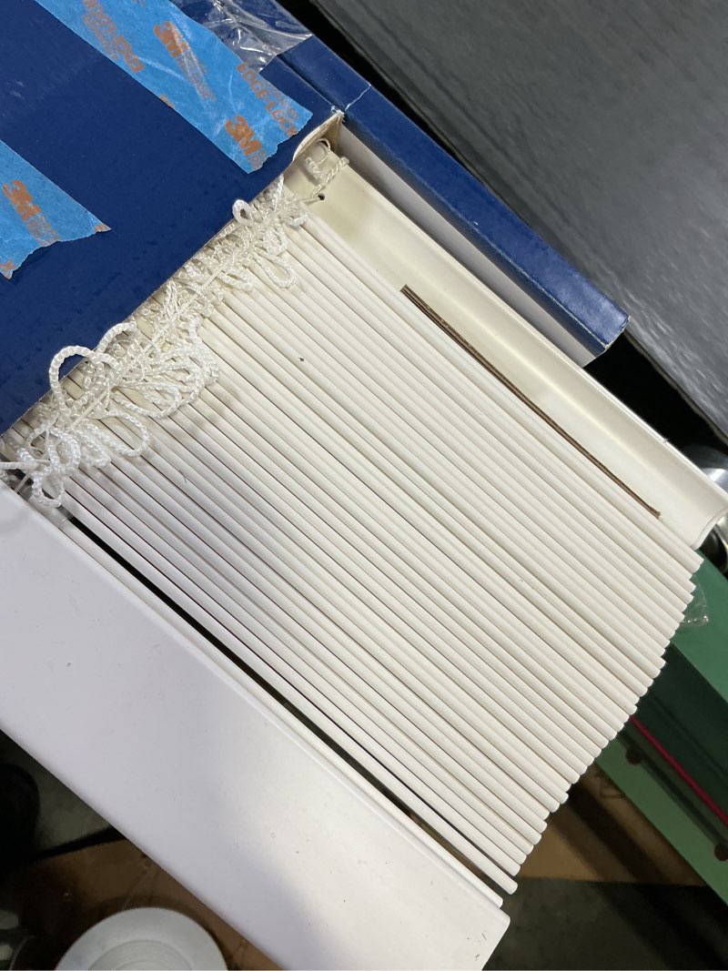 Condition photo showing As Is for LEVOLOR Trim+Go 2-in Slat Width 72-in x 64-in Cordless White Faux Wood Room Darkening