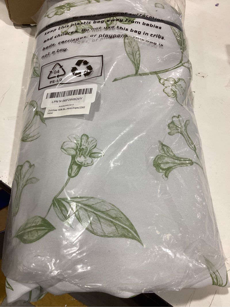 Condition photo showing New/Like New for ChrisDowa 100% Blackout Floral Curtains 63 Inches Long 2 Panels for Bedroom Living Room Sage Green Flower Patterned Room Darkening Thermal Insulated Soundproof Grommet Window Treatments Drapes,52X63 Sage Green 52"W x 63"L (Pack of 2)