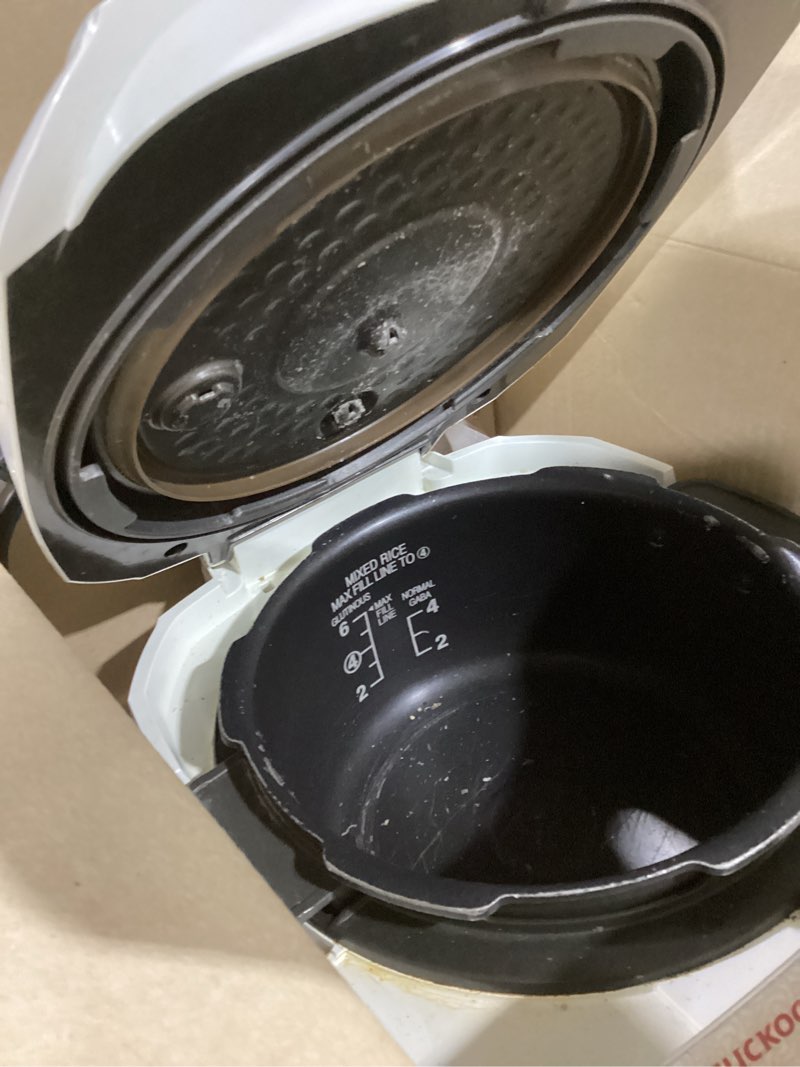 Condition photo showing As Is for CUCKOO Micom Rice Cooker 6 Cup Uncooked / 12 Cup Cooked, Korean Fuzzy Logic Rice Cooker with Delay Timer & Keep Warm Setting, Versatile Food Steamer with Non-Stick Inner Pot, Silver (CR-0632F)