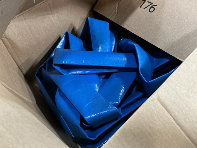 Condition photo showing As Is for 1-1/2" x 50ft pvc lay flat discharge hose with aluminum camlock c & e fittings, cam lock fitting, heavy duty reinforced pump backwash hose assembly