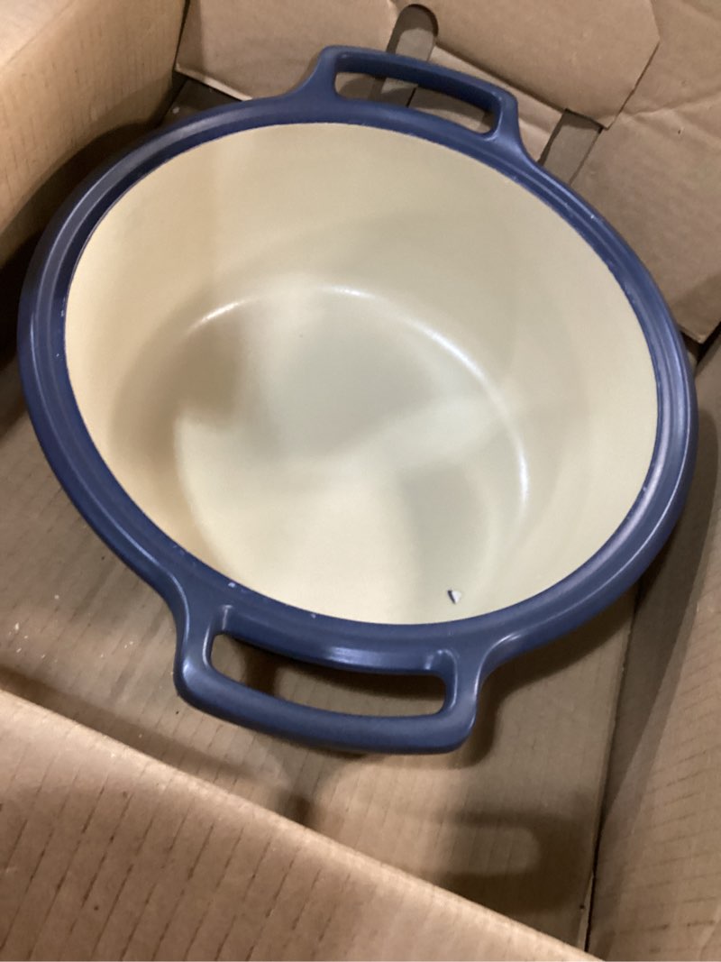 Condition photo showing As Is for emile henry made in france sublime ceramic 6 qt. round dutch oven, indigo indigo 6.0 qt.