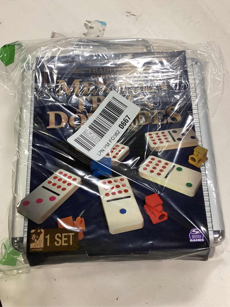 Condition photo showing Good Condition for Mexican Train Dominoes Set Tile Board Game in Aluminum Carry Case Games with Colorful Trains for Fam