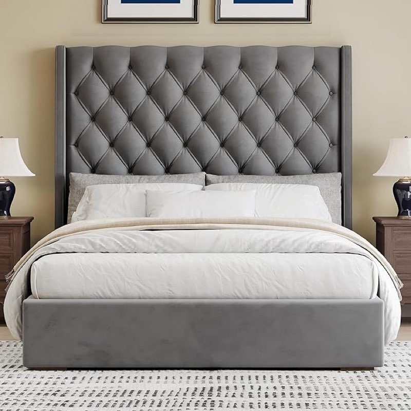 SOFTSEA 67.5\\\" Tall Headboard Upholstered Bed Frame with Deep Button Tufted, King Size Velvet Platform Bed with Headboard for Bedroom, Box Spring Needed, Grey ( incomplete box 2 of 2 ) 