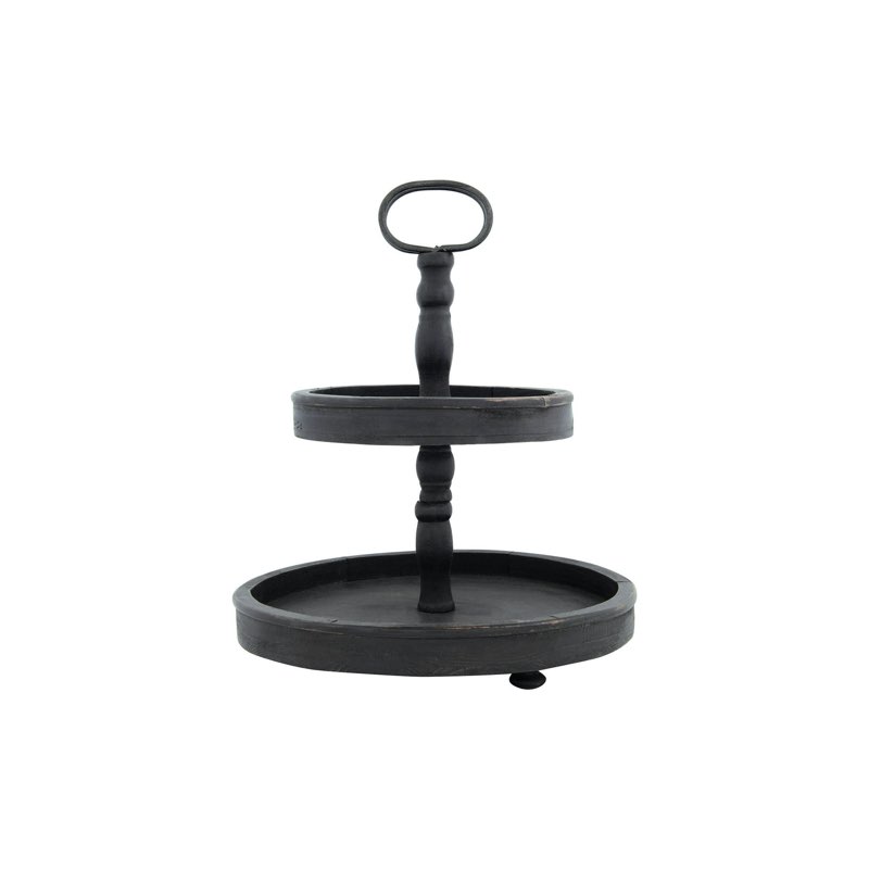 creative co-op distressed blackwashed wood 2-tier tray with metal handle