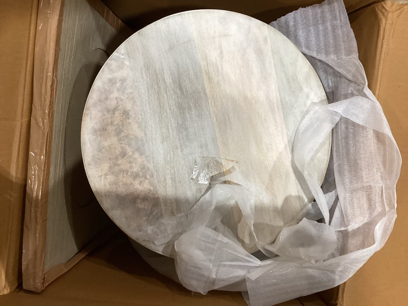Condition photo showing As Is for simplihome robbie solid mango wood 16 inch wide round contemporary rustic accent table in distressed white wash, fully assembled, for the living room and bedroom
