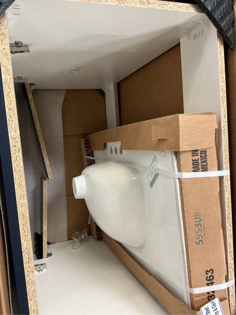 Condition photo showing As Is for project source 30-in deep blue single sink bathroom vanity with white cultured marble top
