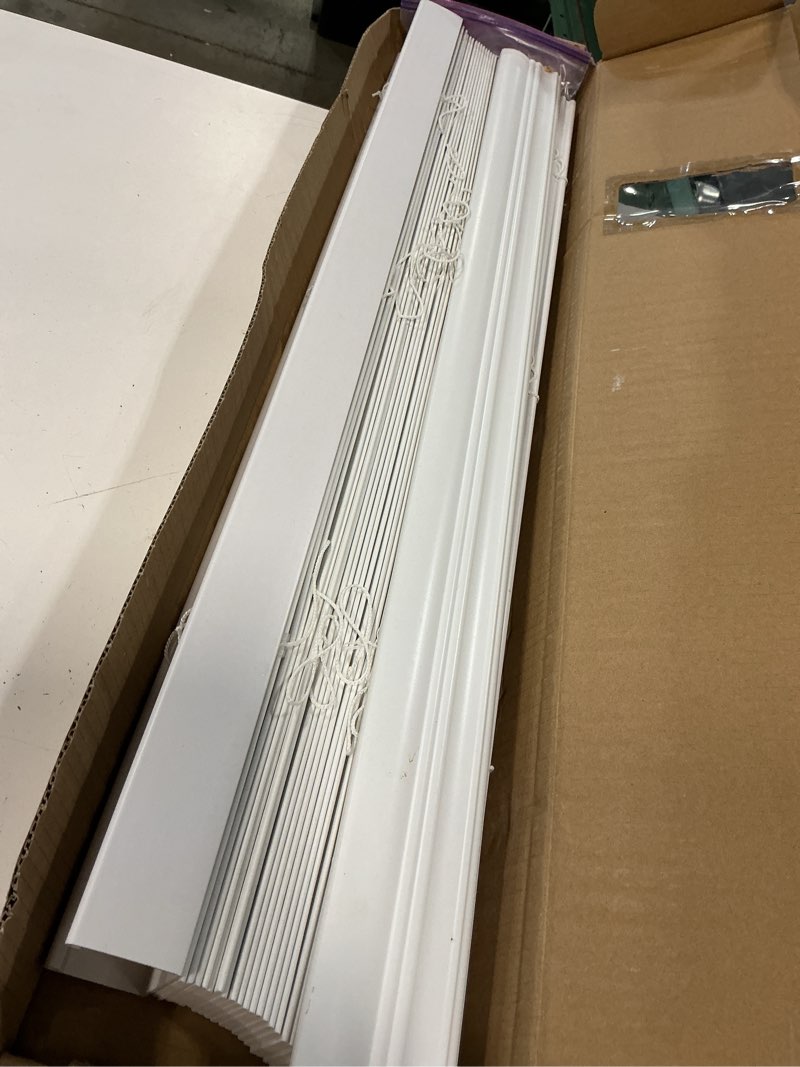 Condition photo showing As Is for allen + roth trim at home 2-in slat width 32-in x 64-in cordless white faux wood room darkening horizontal blinds