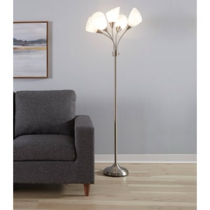 style selections 67-in brushed steel multi-head floor lamp with plastic shade