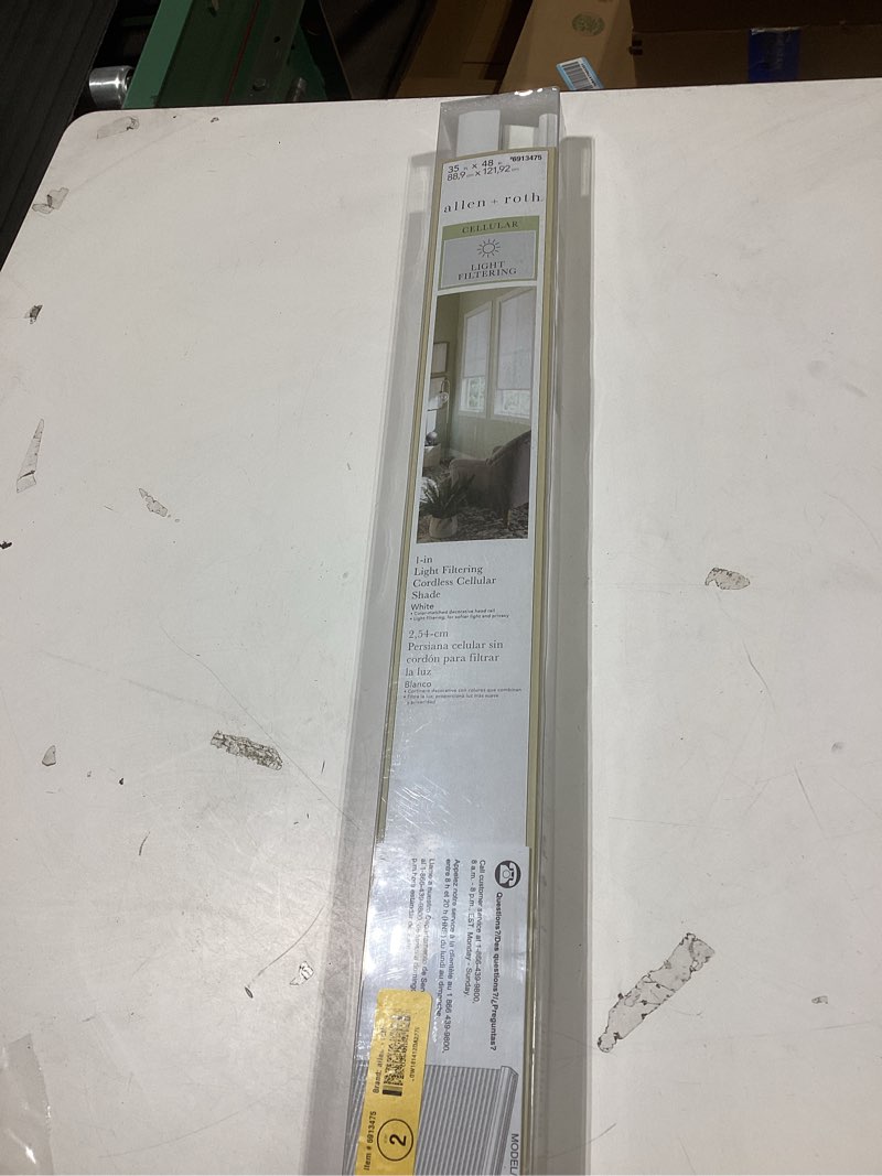 Condition photo showing New/Like New for allen + roth 35-in x 48-in White Light Filtering Cordless Cellular Shade