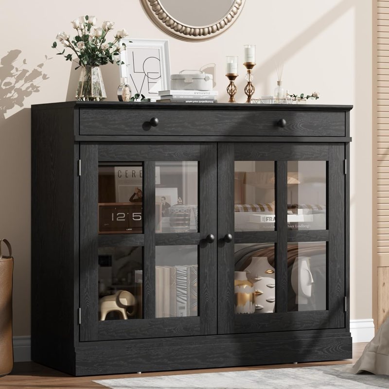 garveehome 35.4 in sideboard buffet cabinets with glass door, buffet cabinet with storage, black sid
