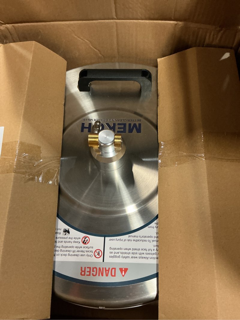 Condition photo showing Good Condition for mekoh 18" pressure washer surface cleaner 4500 psi?4 wheels stainless steel power washer attachment for driveway sidewalk patio concrete cleaning, 1/4'' quick-connect, 1 extension wand&5 spray nozzles