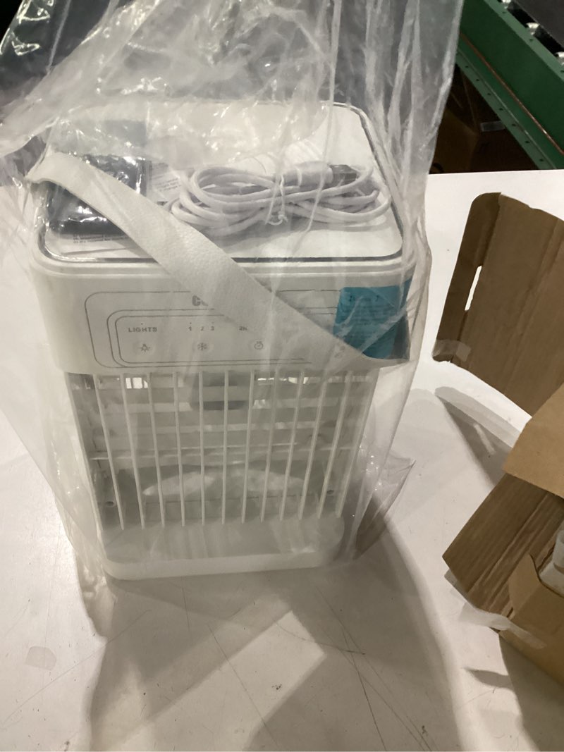 Condition photo showing Good Condition for portable air conditioners, 3 mist settings & 3 speeds, 40oz water tank, sleep timer & night lights, small mini personal air conditioner for bedroom room air cooler