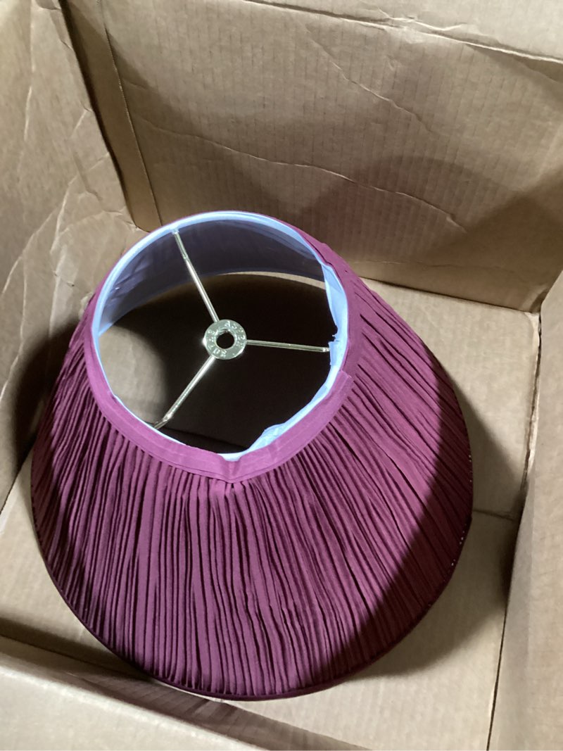 Condition photo showing New/Like New for Aspen Creative 33194, Transitional Hardback Empire Mushroom Pleated Rich Red Spider Shade, 6" Top x 16" Bottom x 12" Slant Burgundy