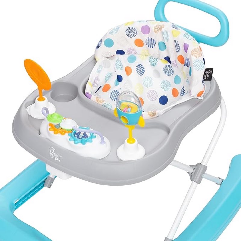 smart steps trend plus 2-in-1 activity walker with deluxe removable toys, walk-behind bar, adjustable height and flat fold frame for storage, ages 6 months +, orbits white