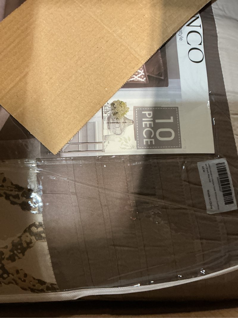Condition photo showing New/Like New for king size comforter set, brown, 10 piece bed in a bag for all seasons, luxury extreme comfort bedding sets with bedskirt, pillow shams, euro shams and decor pillows brown king