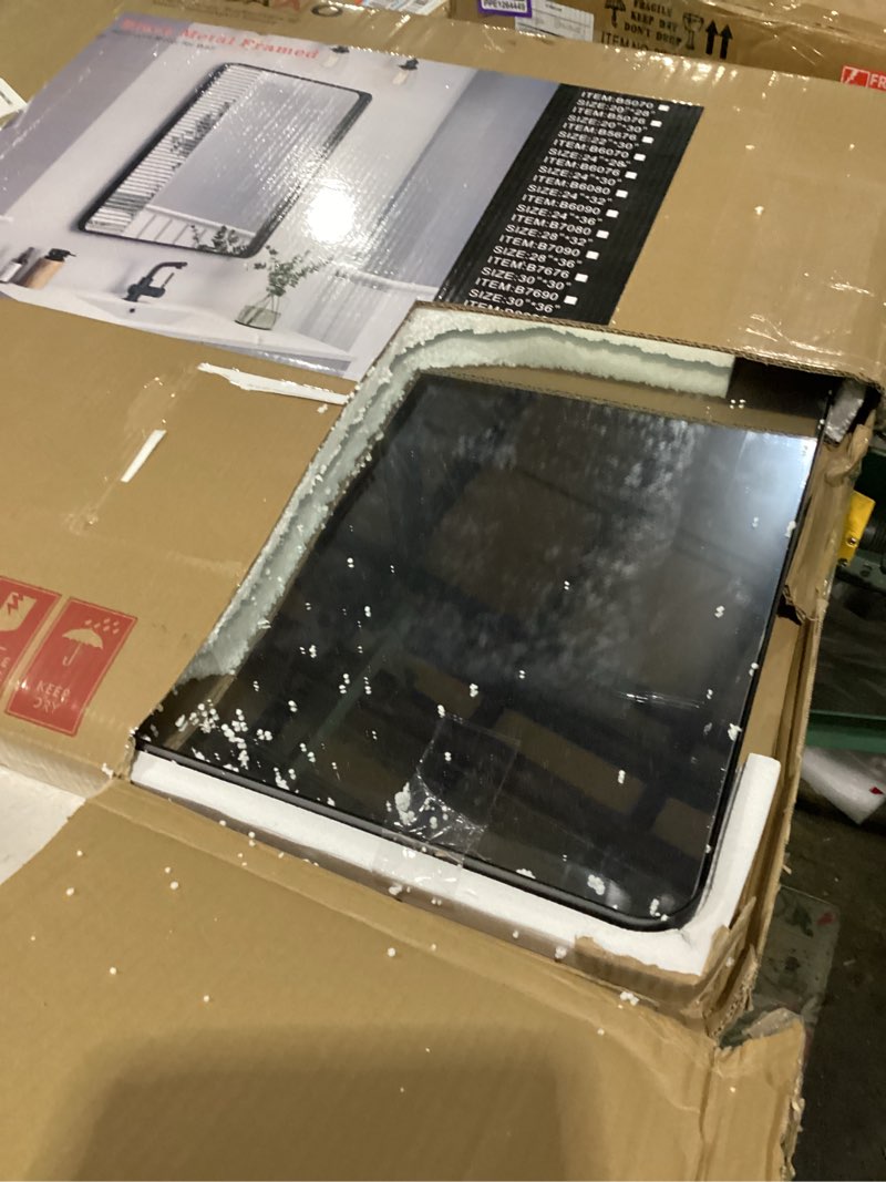 Condition photo showing Good Condition for loaao 32x36 inch black metal framed bathroom mirror for wall, matte black bathroom vanity mirror farmhouse, large rounded rectangle mirror, anti-rust, tempered glass, hangs horizontally or vertically black 32"l x 36"w