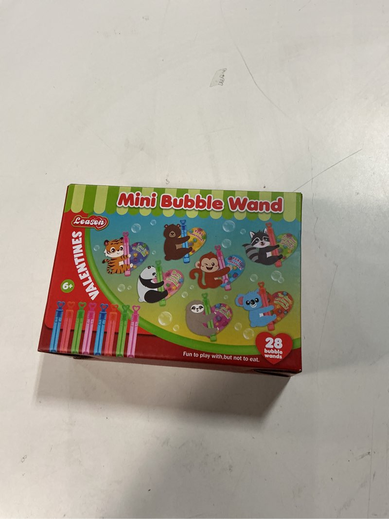 Condition photo showing New/Like New for LEASEN Valentines Day Gifts for Kids, 28 Pack Mini Bubble Wands with Greeting Cards Valentines Animal Themes for Kids, Valentine's Day Classroom Exchange Gifts School Prizes Party Favor Style A