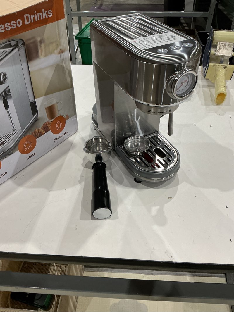 Condition photo showing As Is for espresso machine with milk frother, 20 bar pressure espresso maker, with 44oz removable tank, compact stainless steel coffee machine for home, office, latte, cappuccino, gift for women or men a-silver