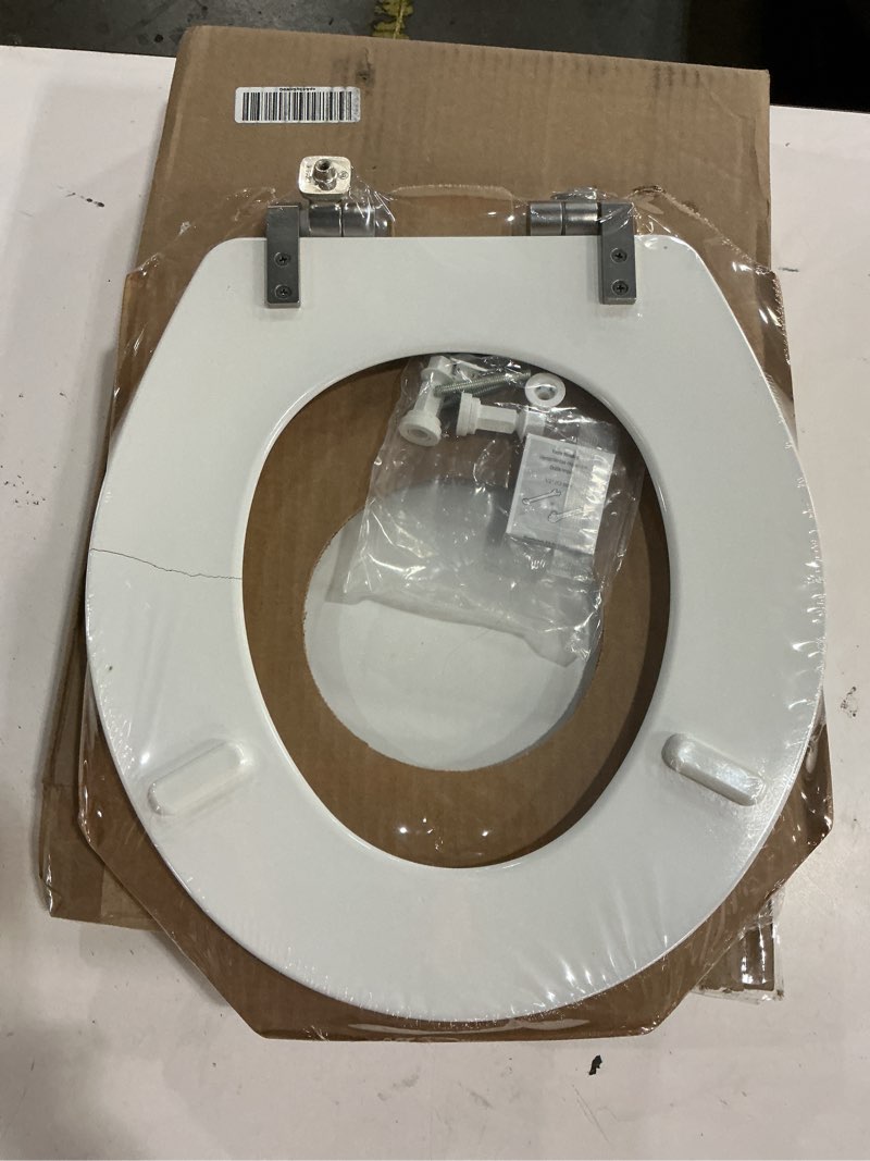 Condition photo showing New/Like New for Mayfair Benton Toilet Seat with Brushed Nickel Hinges, Slow Close Wood Seat, Secure Metal Hinges, Easy Install, Round, White
