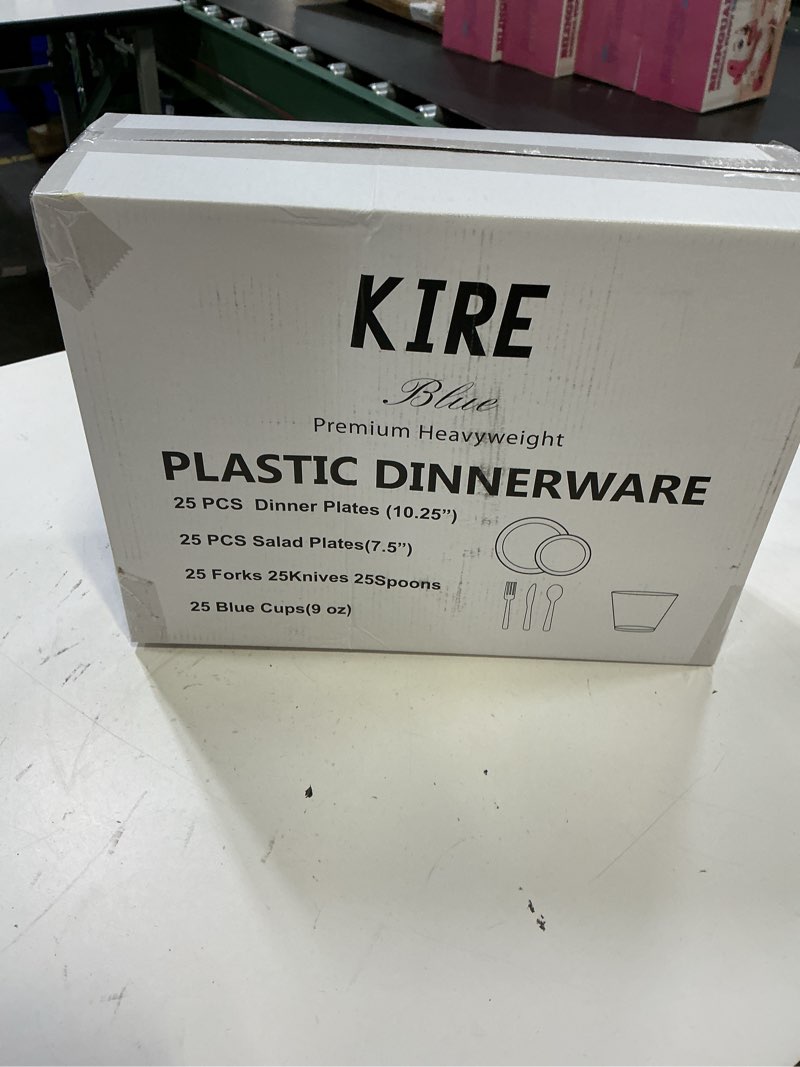 Condition photo showing New/Like New for kire 150 piece blue plastic plates disposable - blue dinnerware set includes 25 dinner plates, 25 salad plates, 25 utensils set 25 clear cups for birthday/picnic/baby shower/easter/spring solid blue