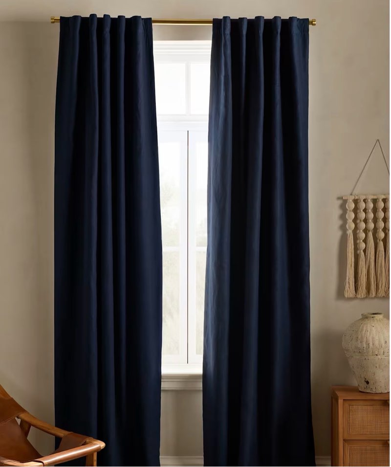 quince european linen room darkening curtain, navy, 96”x102”, 1 panel only