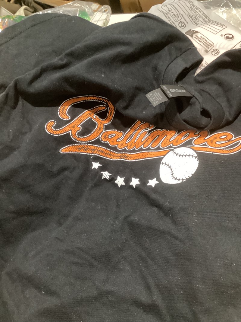 Condition photo showing Good Condition for vintage baseball stylish designs for kid's fan apparel medium baltimore - black shirt