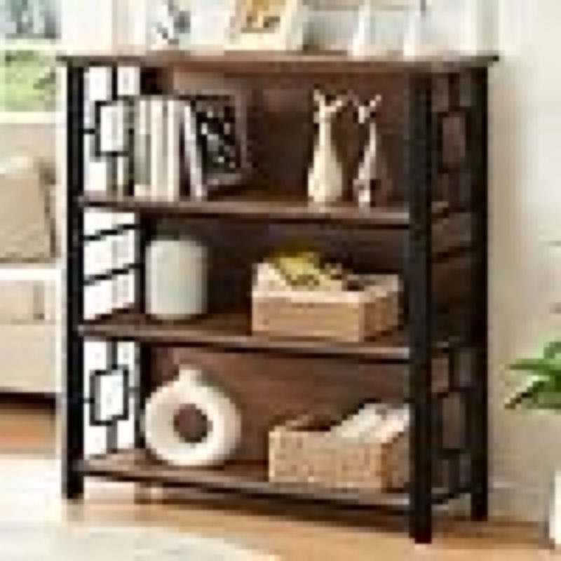 homissue book shelf, 4 tier deep bookshelf with storage, engineered wood and metal shelf bookcase, low short bookcases for small space, living room, bedroom, office, rustic brown