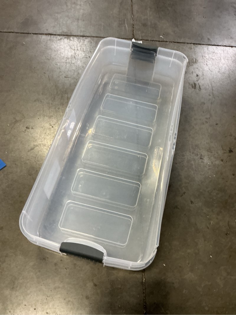 Condition photo showing As Is for (incomplete ) sterilite 74qt ultra clear under bed latch box clear base flat gray lid and latches  1pcs